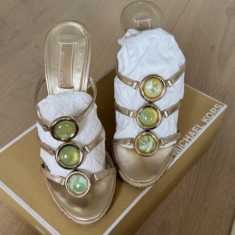 Michael Kors Collection Gold Slide Sandals with Green Jewel Medallions